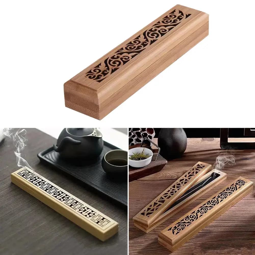 Incense Burner Box with Lid Hollow Carved Stick Incense Holder Anti Ash Spill Windproof Incense Tray for Home Meditation Decor