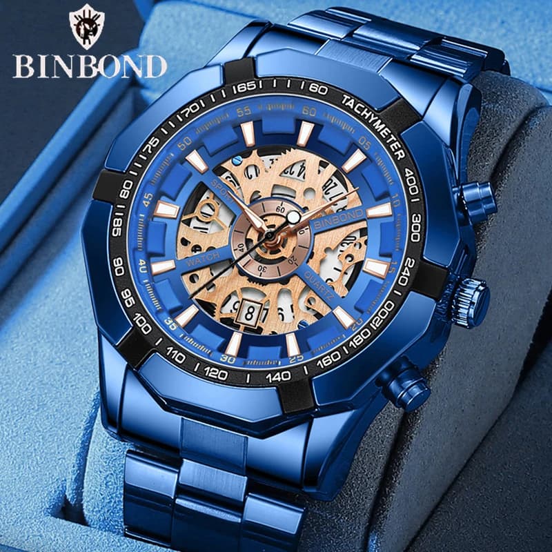 Binbond Top Brand Luxury Men's Watches Fashion Stainless Steel Waterproof Waterproof Digging Out Blue Big Men's wrist watches Relogio Masculino