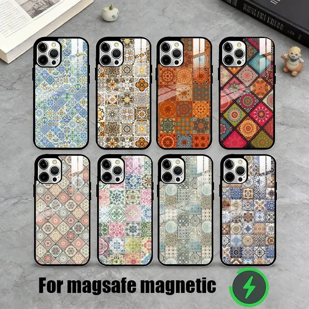 Cover per telefono M-Moroccan Tile per iPhone 17, 16, 15, 14, 13, 12, 11 Plus, Pro, magnetica per ricarica wireless MagSafe