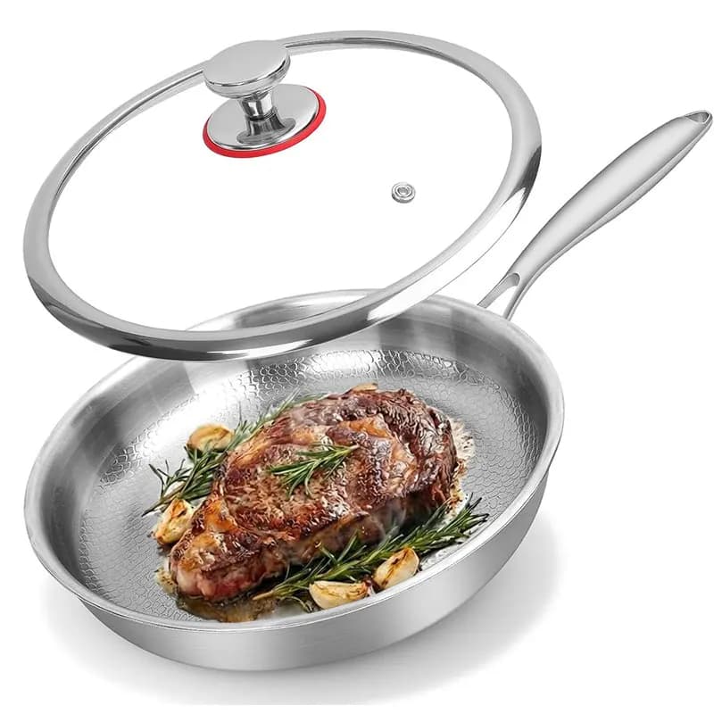 Padella a 3 strati in acciaio inox martellato Pro con coperchio, padella professionale da chef con manici ergonomici, adatta a tutti i tipi di fornelli