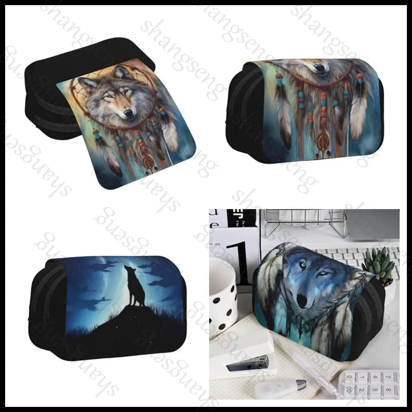 Galaxy Wolf Dreamcatcher Double Layer Flip Pencil Bag School Supplies Children's Pencil Box Storage Cosmetic Bag Gift