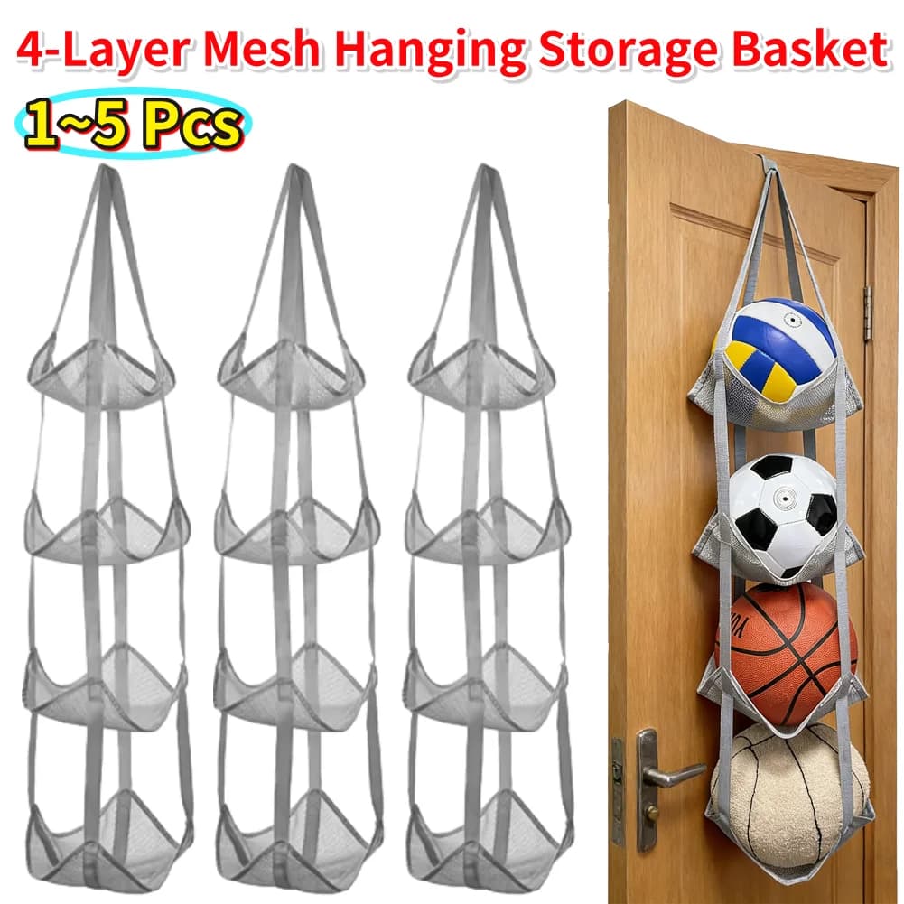 4 Tier Mesh Basketball Storage Bag Foldable Stuffed Animal Net Wall Corner Storage Bag for Bedroom Nursery Playroom Decoration
