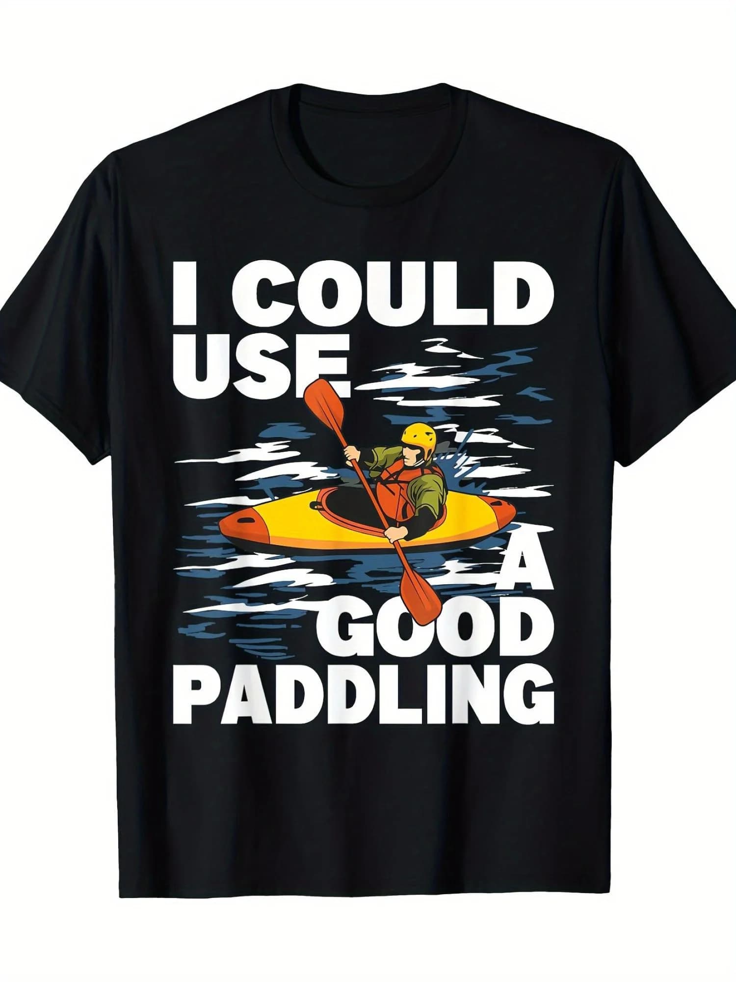 T-shirt grafica da uomo con stampa “I Need a Good Paddling” – Design divertente per il kayak, casual, a maniche corte, nera con stampa bianca, adatta per