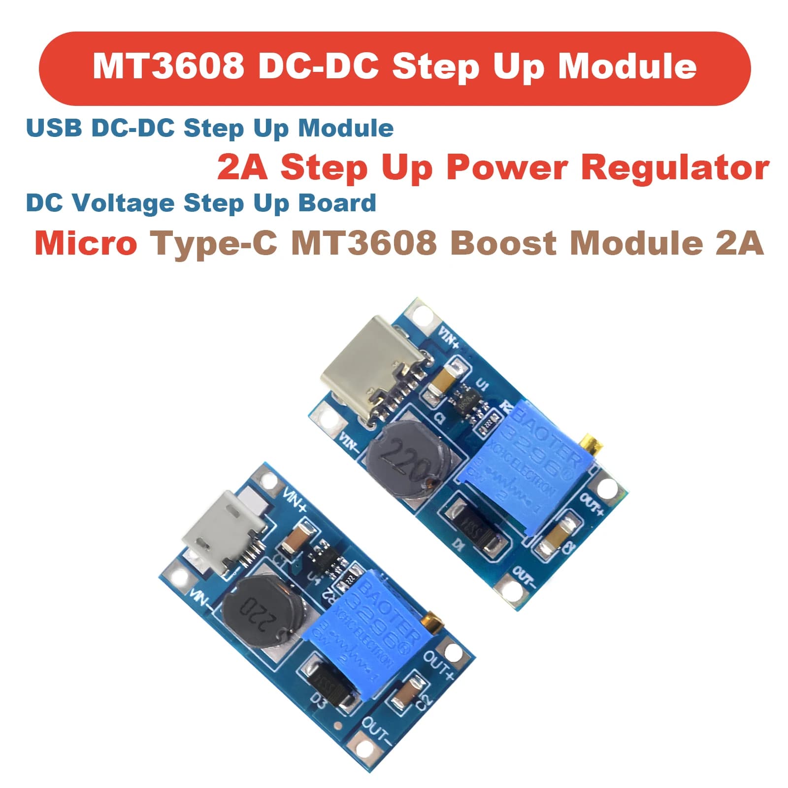 1-10 pz. Convertitore DC-DC Step-Up MT3608 da 2V-24V a 5V-28V 2A, Modulo Boost Regolabile Micro USB Type-C ad Alta Efficienza per Arduino