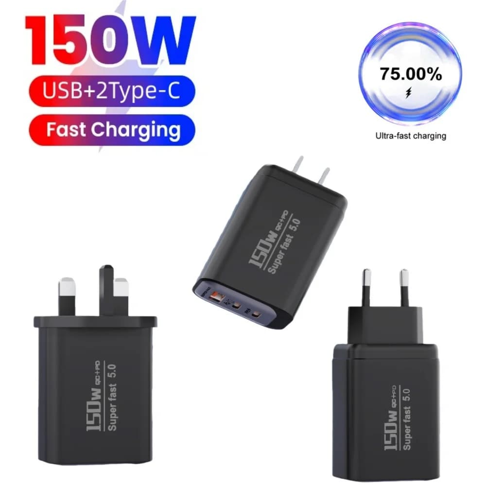 Caricabatterie Rapido QC3.0 150W per Telefono Cellulare, Caricatore USB Tipo C, Adattatore da Viaggio USB con Spina EU/UK/US per iPhone 17 Samsung Xiaomi