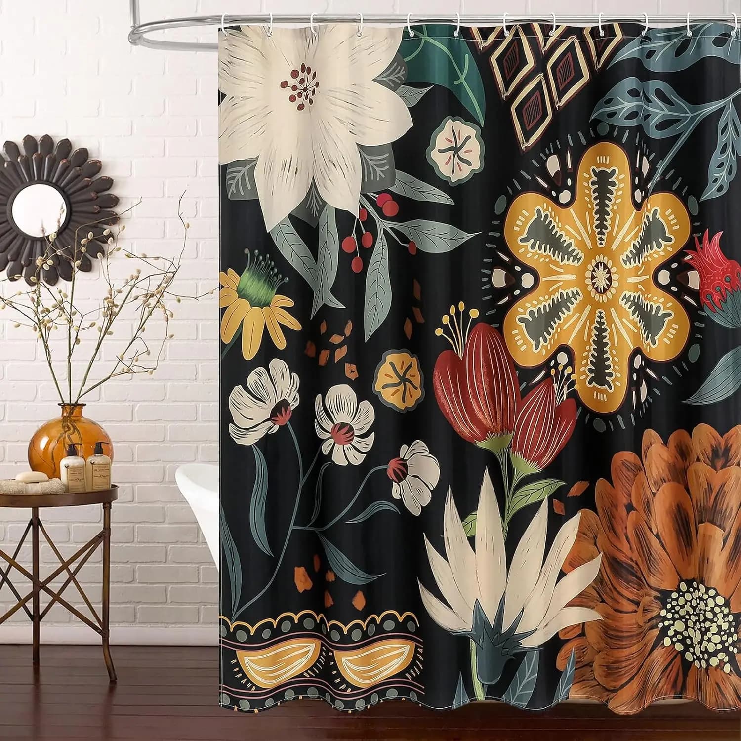 Tenda da Doccia Boho Floreale, Tessuto con Foglie Tropicali per un Arredo Bagno Chic, Fiori Astratti Colorati in Stile Moderno Rustico, 72x72