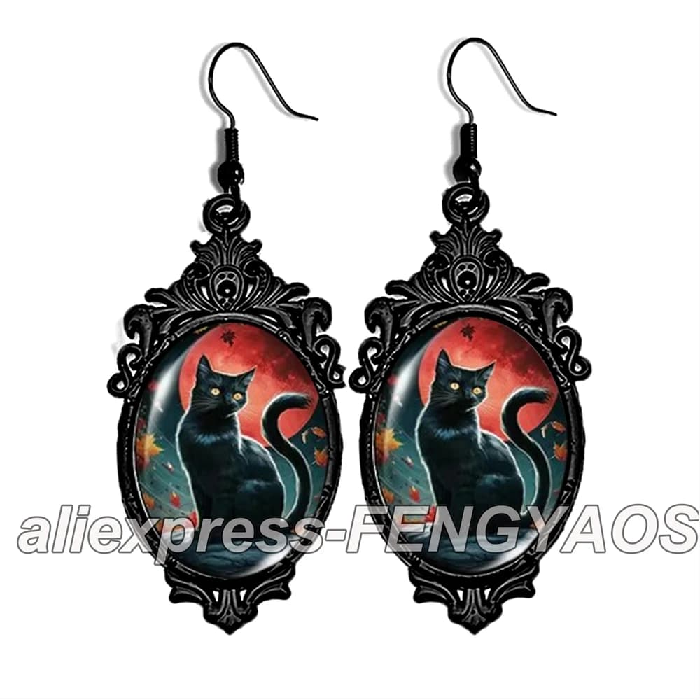 New Green Moon Cat Dangle Earring for Women Halloween Black Lace Earrings Oval Glass Photo Jewelry Gifts Party