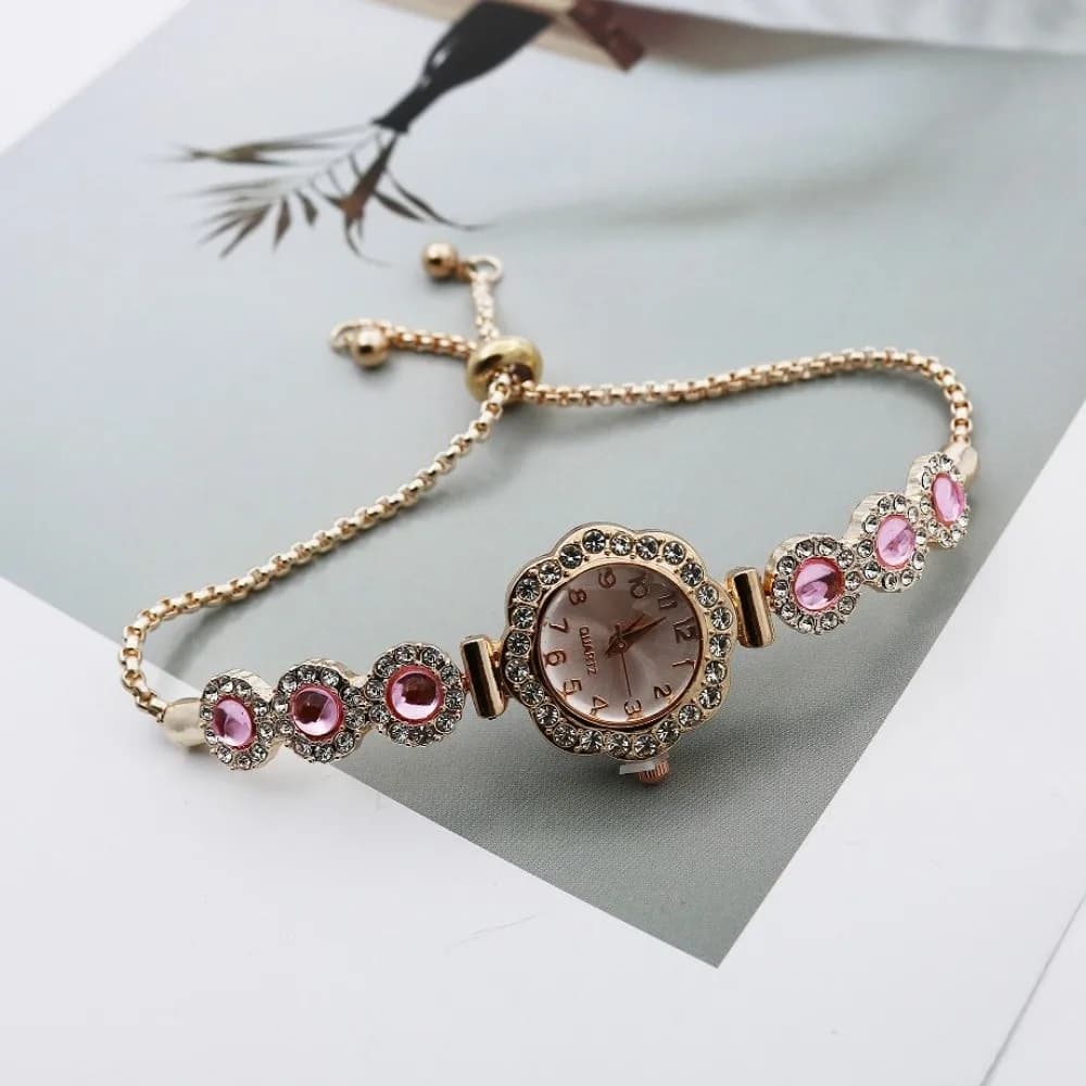 Orologio da Polso da Donna con Strass, Design Floreale e Cuore, Bracciale Apribile Rosa, Regalo Elegante