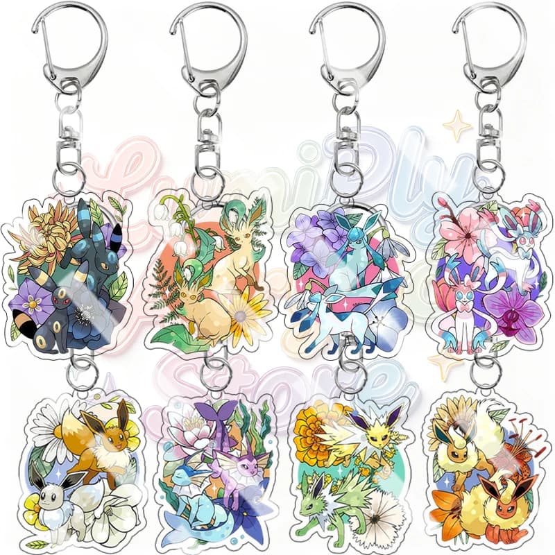 Fashion Floral Eeveelution Double Character Pattern Acrylic Keychain Umbreon Leafeon Sylveon Glaceon Flower Bag Pendant Key Ring