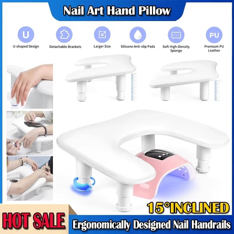 Nail Arm Rest U Shaped Adjustable Height Nail Hand Pillow for Manicure Hand Rest Soft Microfiber PU Leather for Nail Salon
