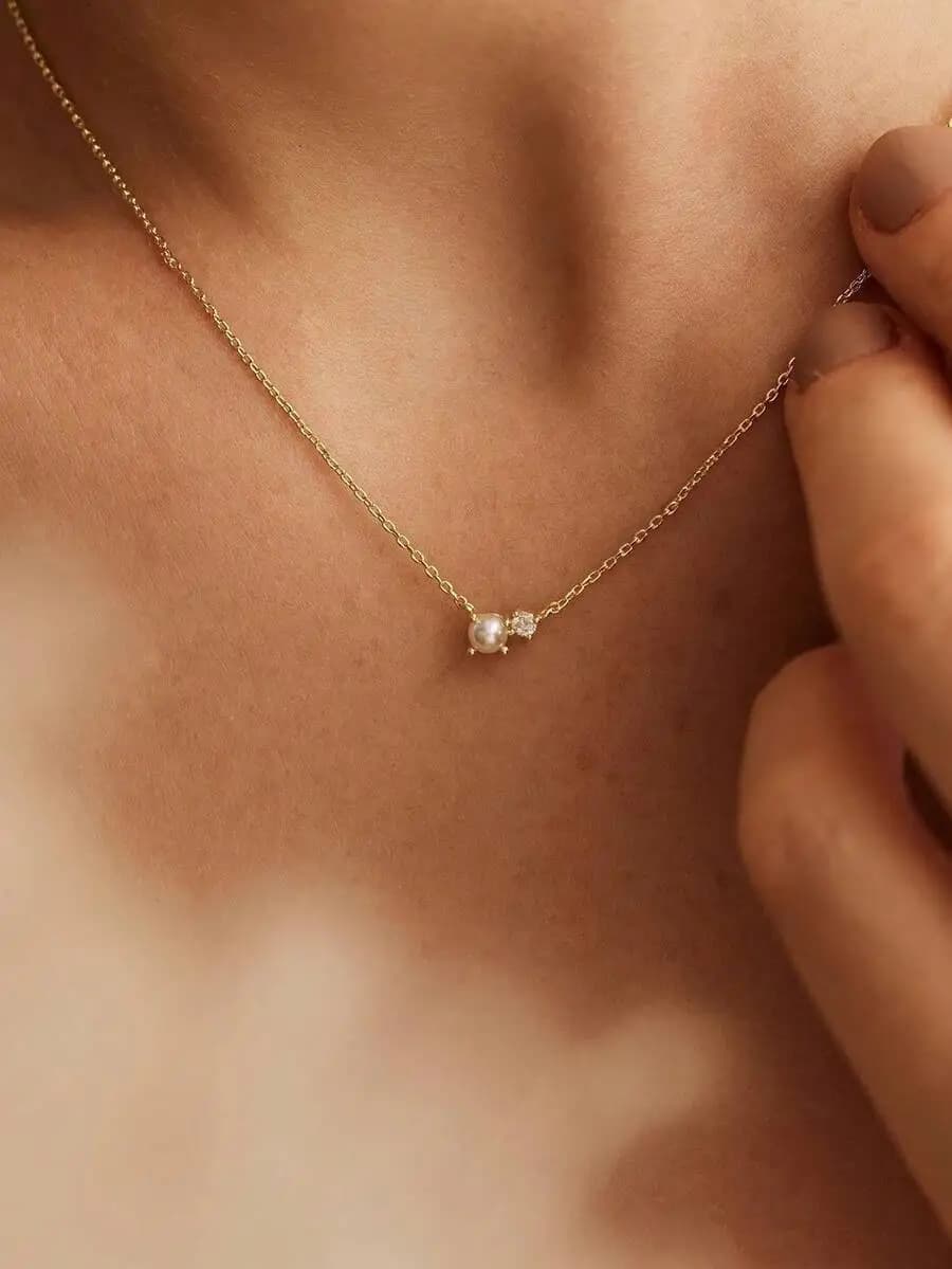 Minimalist Pearl Necklace Diamond Pearl Necklace For Women, Wedding Necklace Bridal Gift Pearl Jewelry Bridesmaid Gift Daily Pearl Necklace