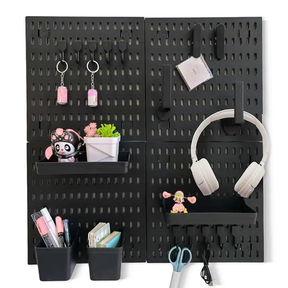 Set Organizzatore con Pannello Forato Nero, Ganci e Scatole Portaoggetti, Pannelli Forati da Scrivania o da Parete per Attrezzi, Artigianato e Forniture per Ufficio