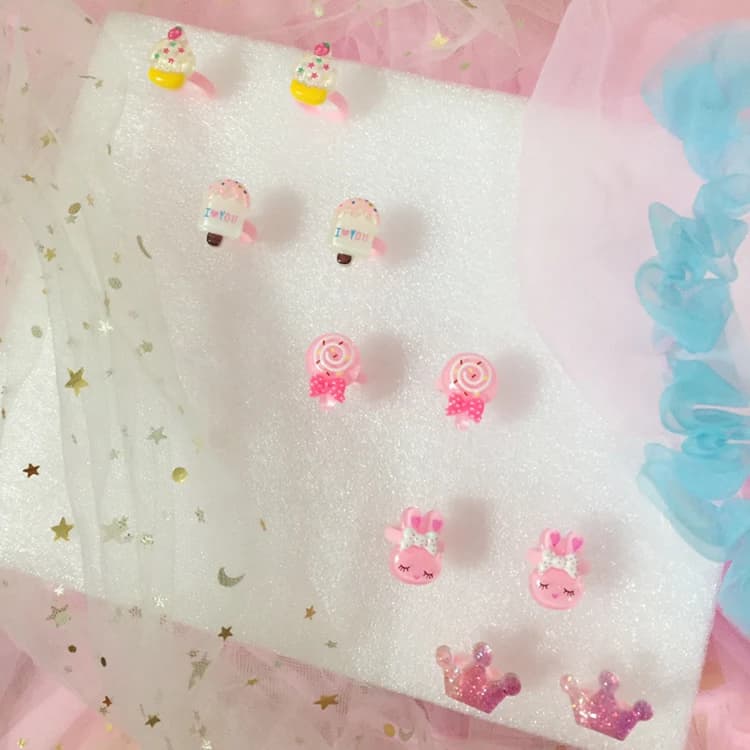 10PCs/Set Cute Kids Rings Design Flower Ice Cream Butterlfy Crown For Children Multicolor Ring Girls Gifts Princess Suite