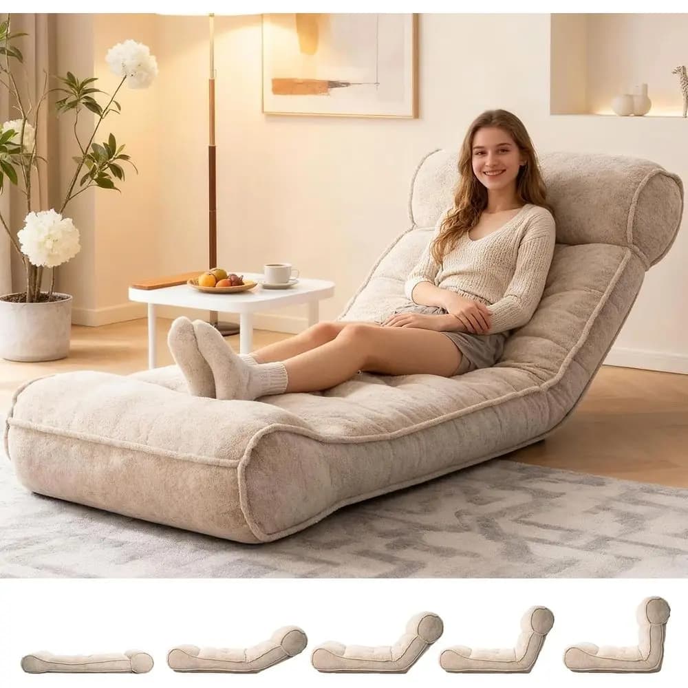 Poltrona Letto Reclinabile Regolabile, Sedia a 5 Posizioni per Gaming e Meditazione, Colore Cammello, Lunghezza 83, Tessuto Effetto Alghe