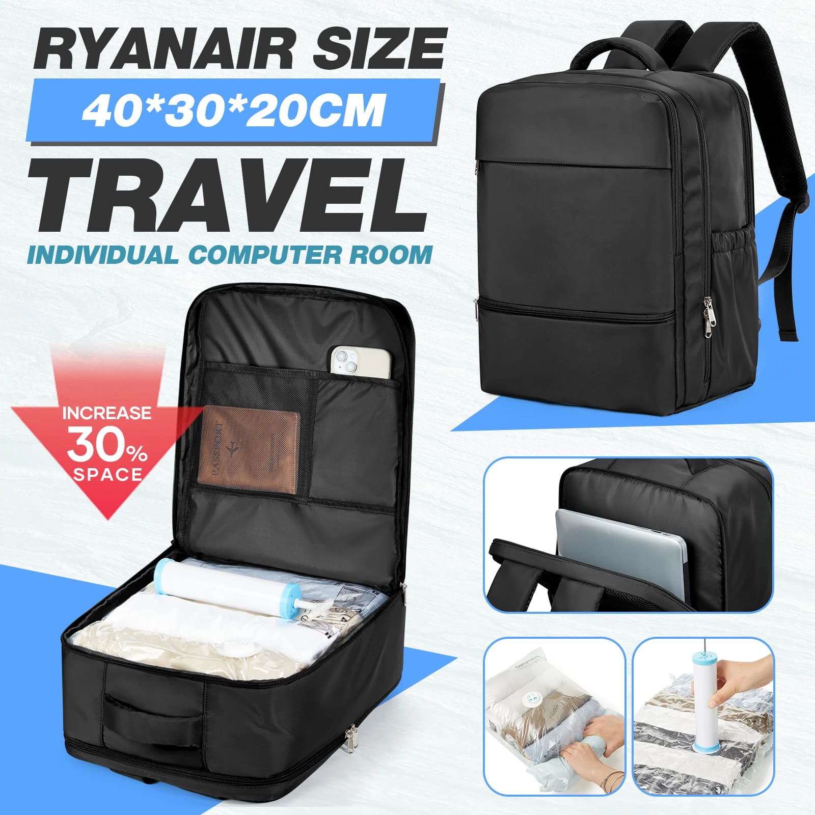 Borsa Sottovuoto, Zaino da Viaggio 40x30x20 per Cabina Ryanair, Zaino Bagaglio a Mano Wizzair, Borsa per Laptop da Uomo, Zaino Universitario