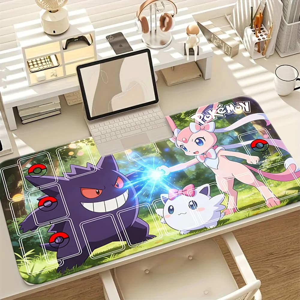 Tappetino da gioco Anime Gengar Sylveon Pokemon TCG, tappetino per mouse da gioco grande ed esteso con slot per carte, tappetino da scrivania antiscivolo per carte collezionabili