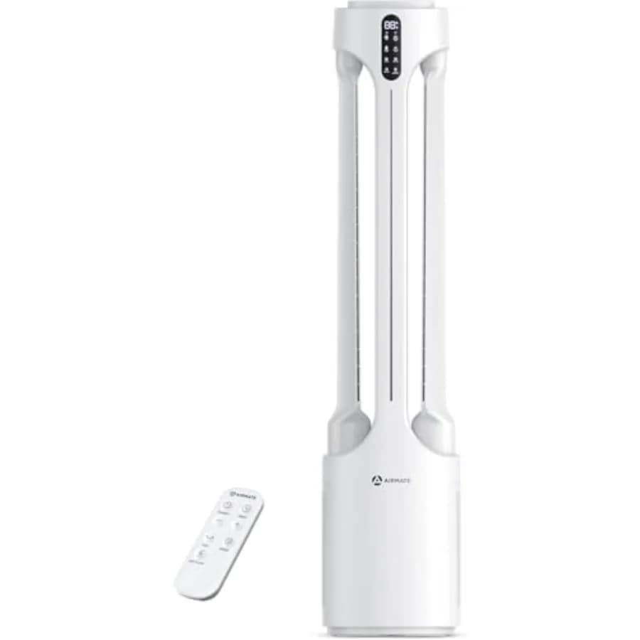 Purificatore d'aria per camera da letto, ventilatore a torre senza pale, in plastica ABS, bianco, volume d'aria elevato 1500CFM con velocità di 28ft/s, oscillazione a 90°.