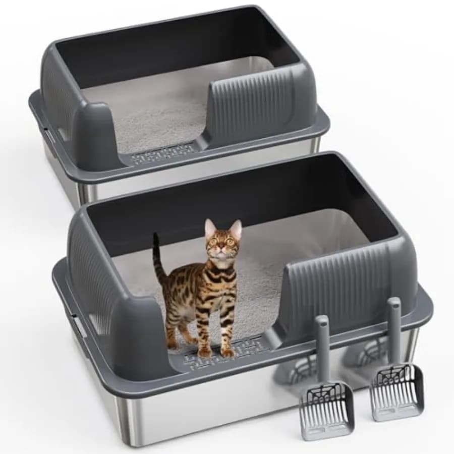 Set di 2 Lettiere per Gatti in Acciaio Inox, Aperte, con Bordi Alti, in Metallo, con Paletta, Extra Large per Gattini