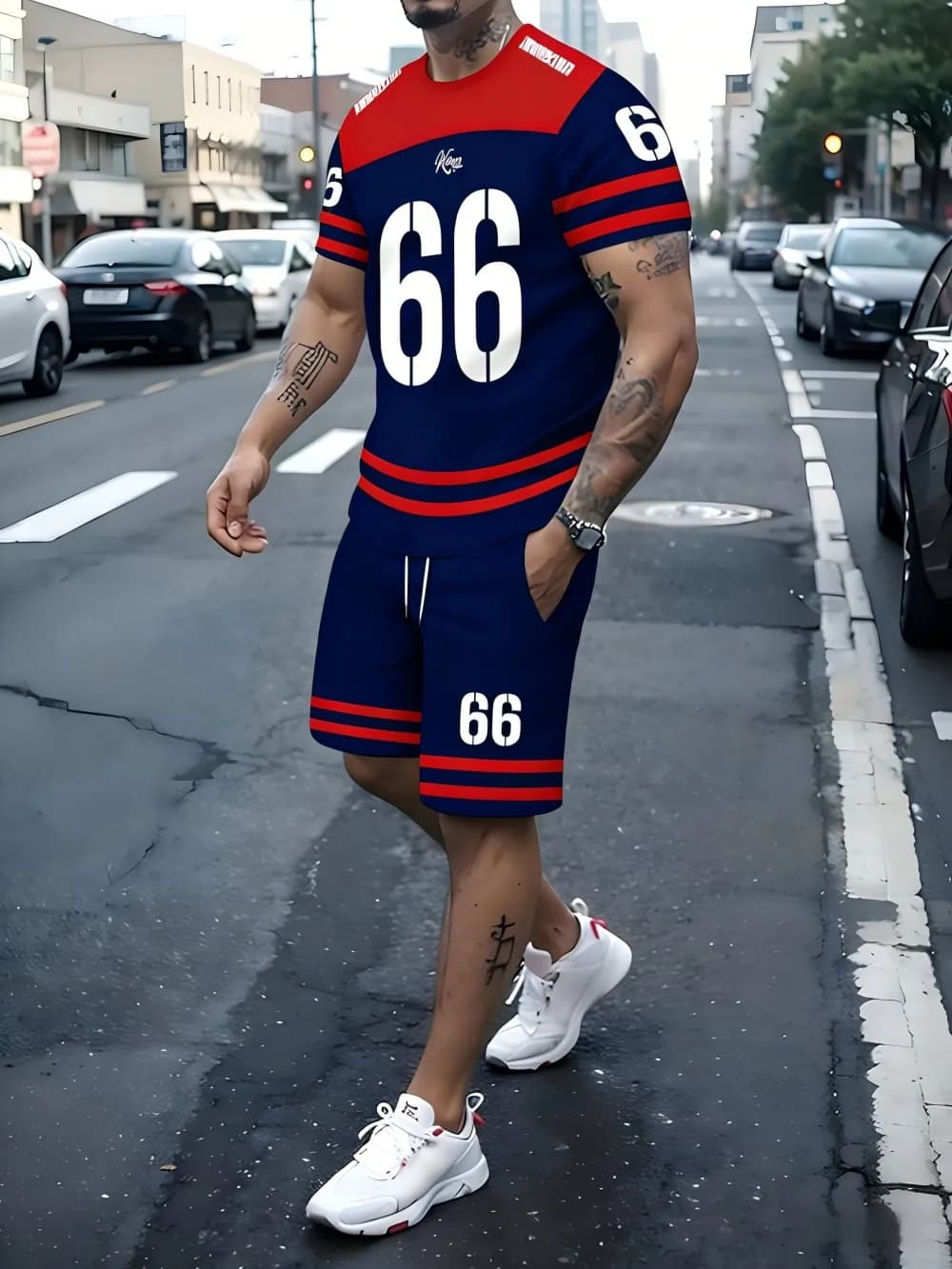 T-shirt da uomo a girocollo con stampa digitale a righe, comoda e traspirante, per allenamento estivo, set di pantaloncini con coulisse, abbigliamento sportivo da esterno