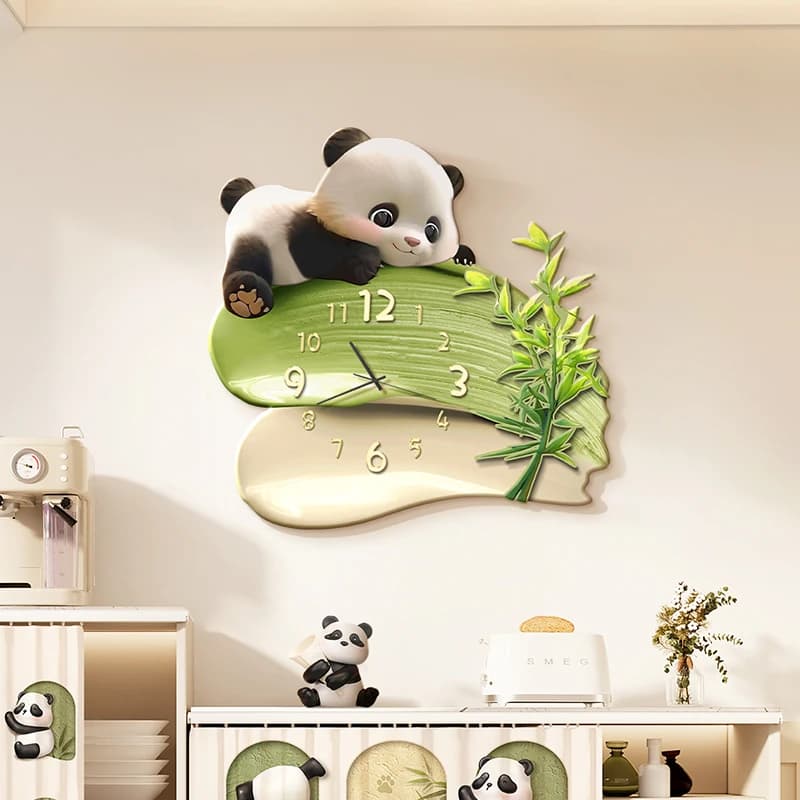 Wall Clock Pastel Panda with 3D Wall Lamp Design Silent Quartz Movement For Living Room Dining room Entrance matt finish Decor