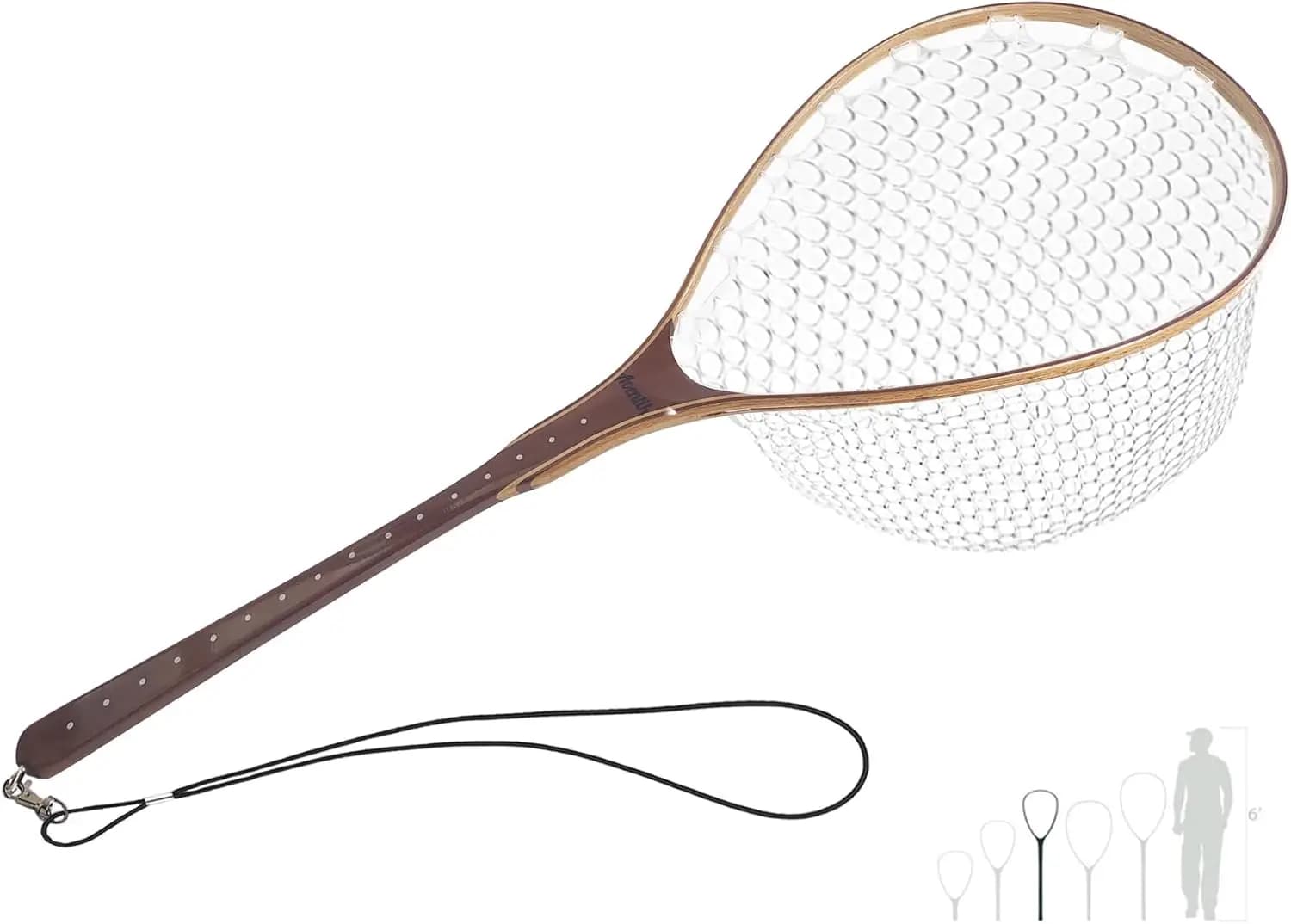 Guadino in Legno con Rete in Gomma Morbida per la Pesca a Mosca, per Trota, Uso in Acqua Dolce e Salata, Cordino di Sicurezza Incluso - Regalo Ideale per Uomini
