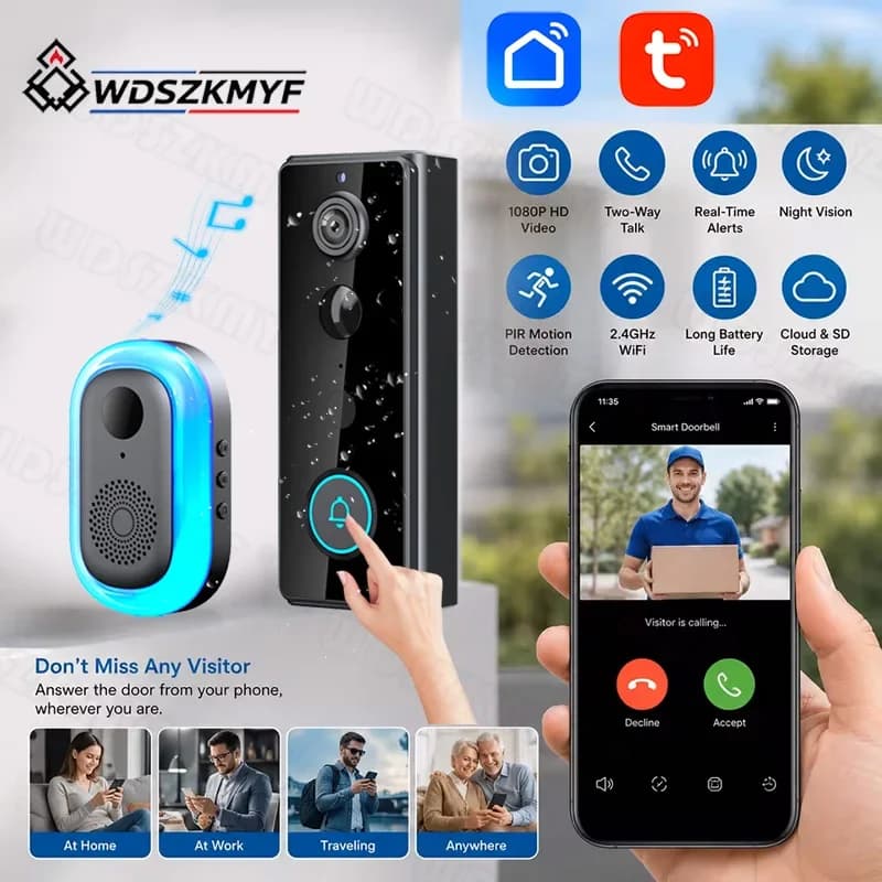 Tuya WiFi Video Doorbell Wireless HD Camera Smart 4000mAh IR Alarm Security Smart Home Door Bell Waterproof Intercom for Home