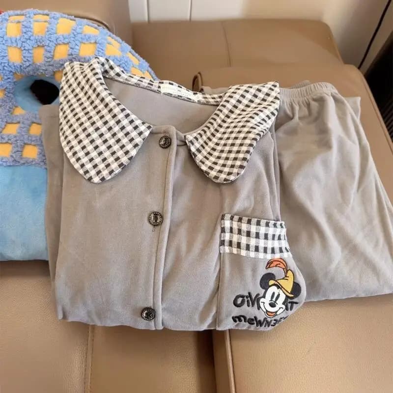 Pigiama Grigio Ricamato Mickey Mouse con Colletto Peter Pan a Quadretti, Tasche, in Morbido Cotone Spazzolato, Oversize, Casual, Loungewear Primaverile