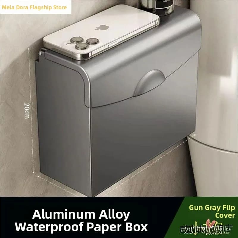 Aluminum Alloy Bathroom Toilet Paper Holder Wall Mounted No Drilling Required Flip Cover Flat Waterproof Storage for Toiletries
