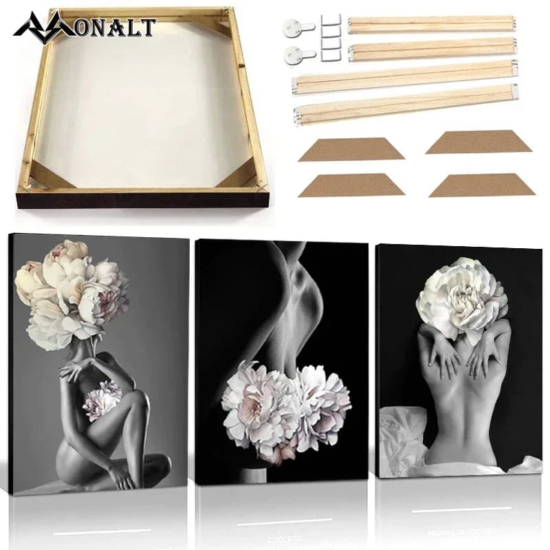 poster Fiori Donna Nuda Art Poster Stampe con cornice Stampa su tela Donna Indietro Figura astratta Pittura Immagine da parete bianca nera