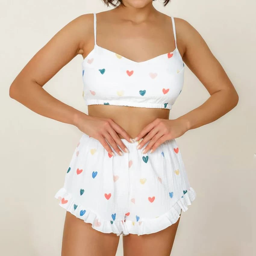 Hiloc Summer Color Heart Print Pantaloncini Set Cotone con cinturino per spaghetti Set da 2 pezzi 2025 Abiti casual Pigiama per la casa Donna