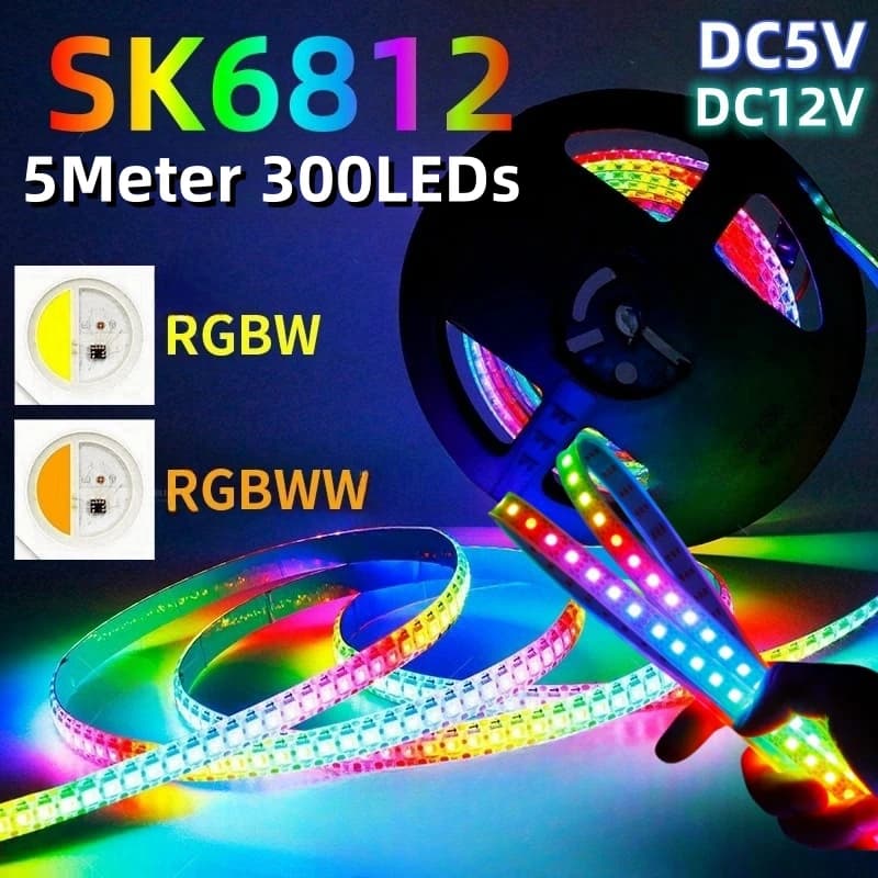 5M Smart DC5V/ 12V SK6812 Striscia LED 4 in 1 RGBW/RGBW Programmazione indirizzabile individualmente SMD5050 Lampada pixel flessibile 60