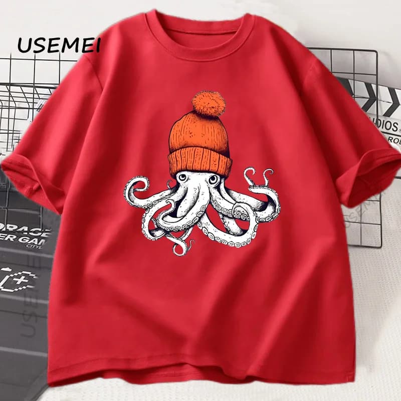 T-shirt in cotone con stampa polpo arancione lavorato a maglia, T-shirt casual in cotone a maniche corte girocollo, T-shirt unisex