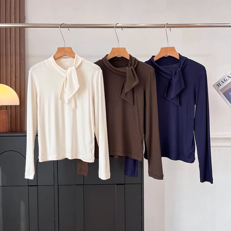 Elegant Long Sleeve T-Shirt Women's Slim Fit Cotton Blouse with Bow Tie Soft Comfortable Base Shirt for Commuting