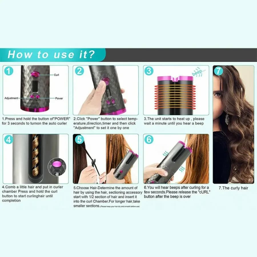 Arricciacapelli LCD Senza Fili con Rotazione Automatica, Ferro Arricciacapelli in Ceramica Wireless USA, Accessori per Capelli