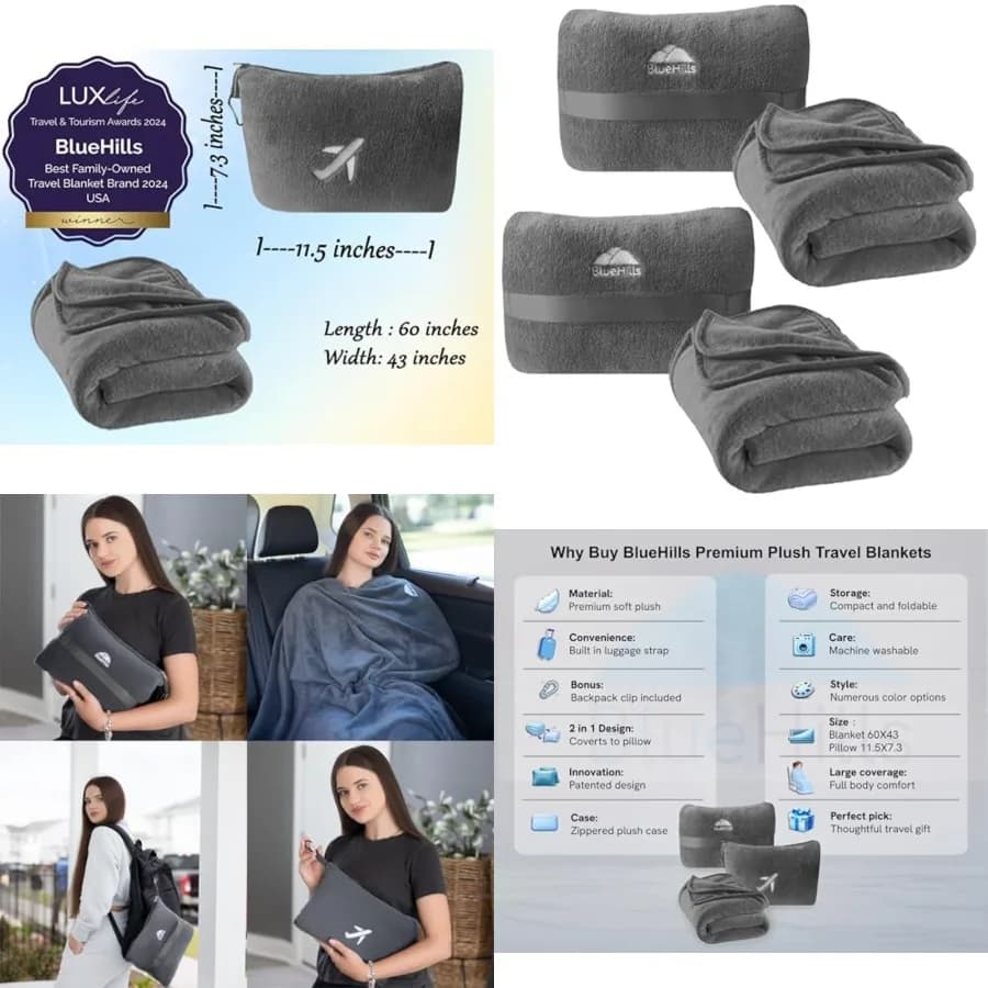 Premium 2 Pack Travel Blanket Pillow in Mini Soft Case Plush Airplane Blanket in Bag Compact Luggage Belt Plane Pillows Gifts L