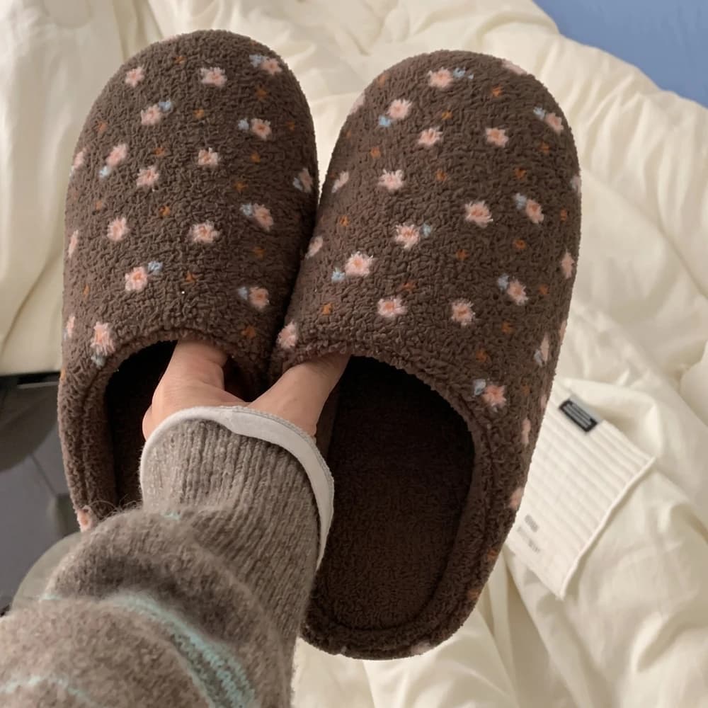 Vintage Floral Plush Winter Women Slippers Non Slip Home Silent Lightweight Cotton Slippers Parent Child Bedroom Cozy Warm Shoes
