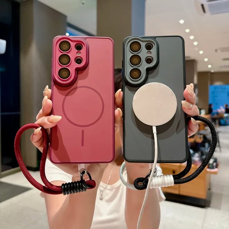 Luxury Lens Protection Frame Magnetic Phone Case For Samsung Galaxy S26 S25 S24 S23 Plus Ultra A16 For Magsafe with Strap Cover