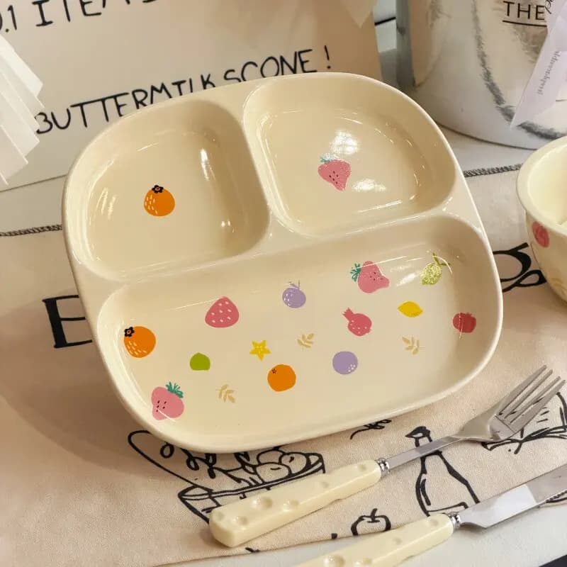 Cute Fruit Print Ceramic Divided Plate Underglaze Color 3-Compartment Dinner Plates for Kids Cartoon Weight Loss Tableware