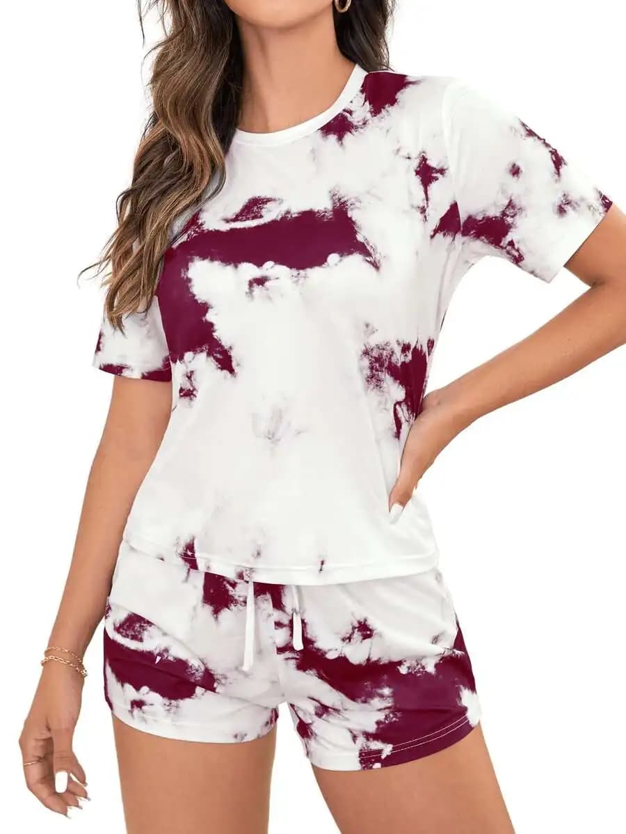 Tie Dye Knot Front Pajama Set For Women