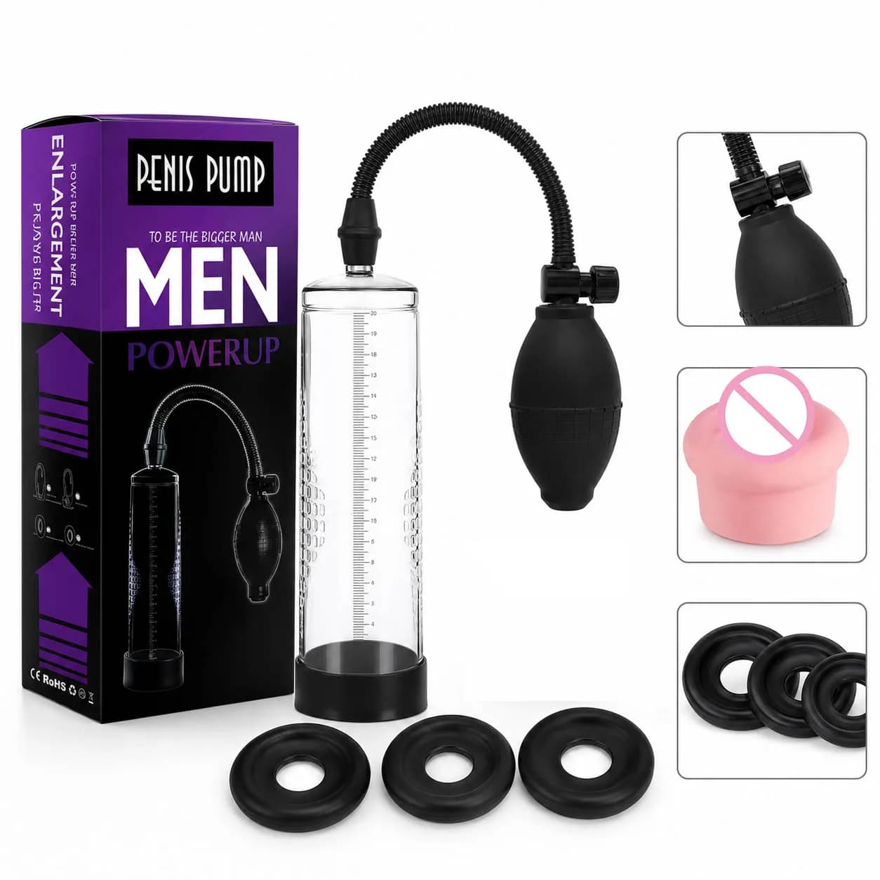 Kit di allenamento con pompa a vuoto, cilindro graduato trasparente, pompa a bulbo manuale, anelli in silicone, manicotto comfort e accessori per sex toys