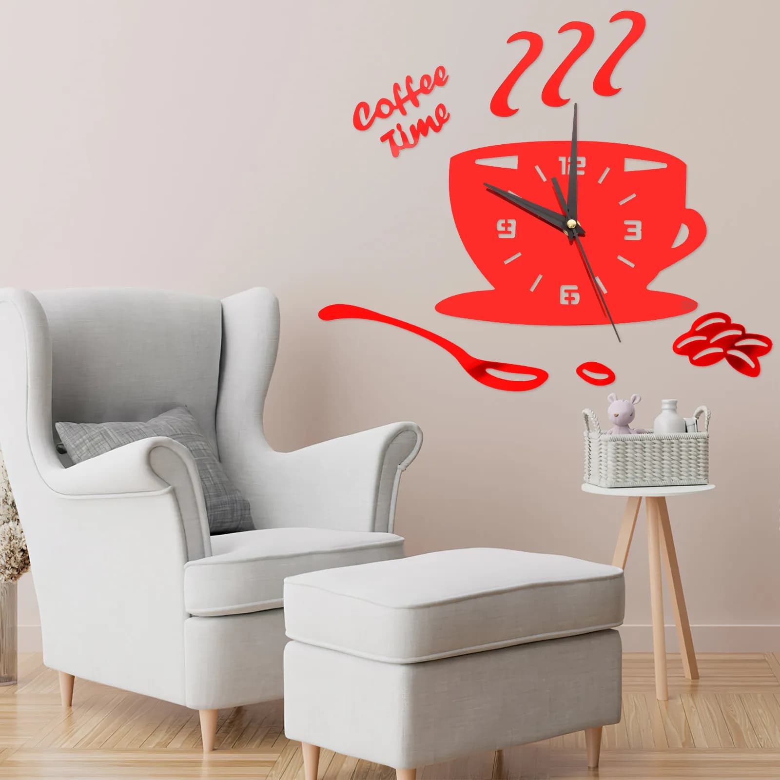 3D Coffee Cup Wall Clock Modern Acrylic Kitchen Home Decor DIY Hollow Numeral Red Wall Clock Home Decor