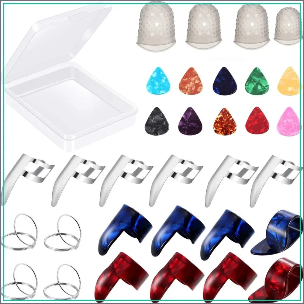 34 Pcs Guitar Finger Picks Set: Stainless Steel & Plastic Thumb Picks with Storage Box for Acoustic Guitar, Banjo, Ukulele, Mandolin