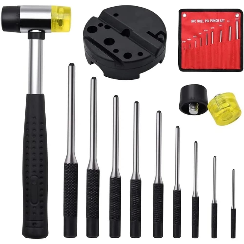 13pcs Roll Set Storage Pouch Smithing Punch Removing Repair Tools with Bench Block Pin Punches and Hammer