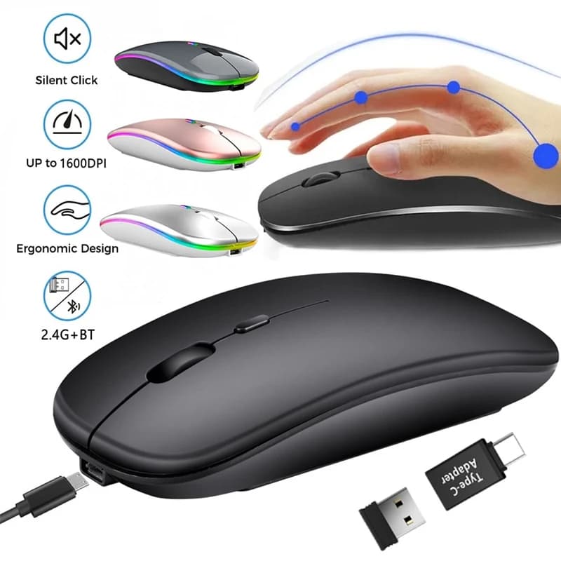 Rechargeable wireless mouse compatible with Bluetooth, 2,4 GHz dual mode computer mouse with nano receiver for PC, laptop, MacBook