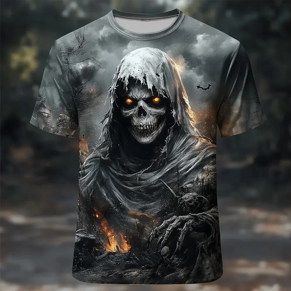 T-shirt casual a maniche corte con stampa 3D di teschio di Halloween per uomo e donna, girocollo, di tendenza, super cool, abbigliamento da uomo per tutti i giorni