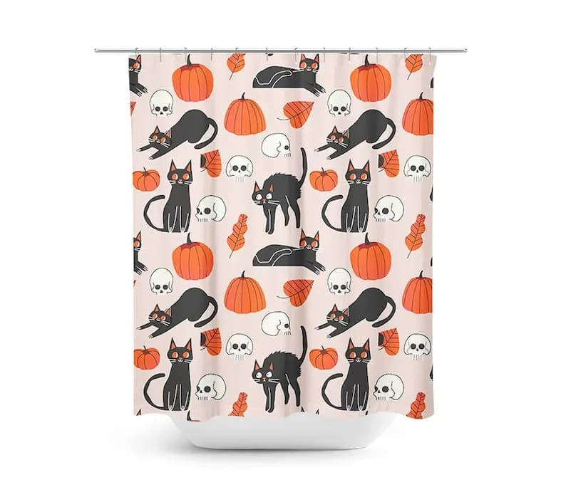 Set di tende da doccia con gatto nero zucca di Halloween con motivo autunnale rosa nero, tappetino da bagno, arredamento per il bagno per il festival autunnale