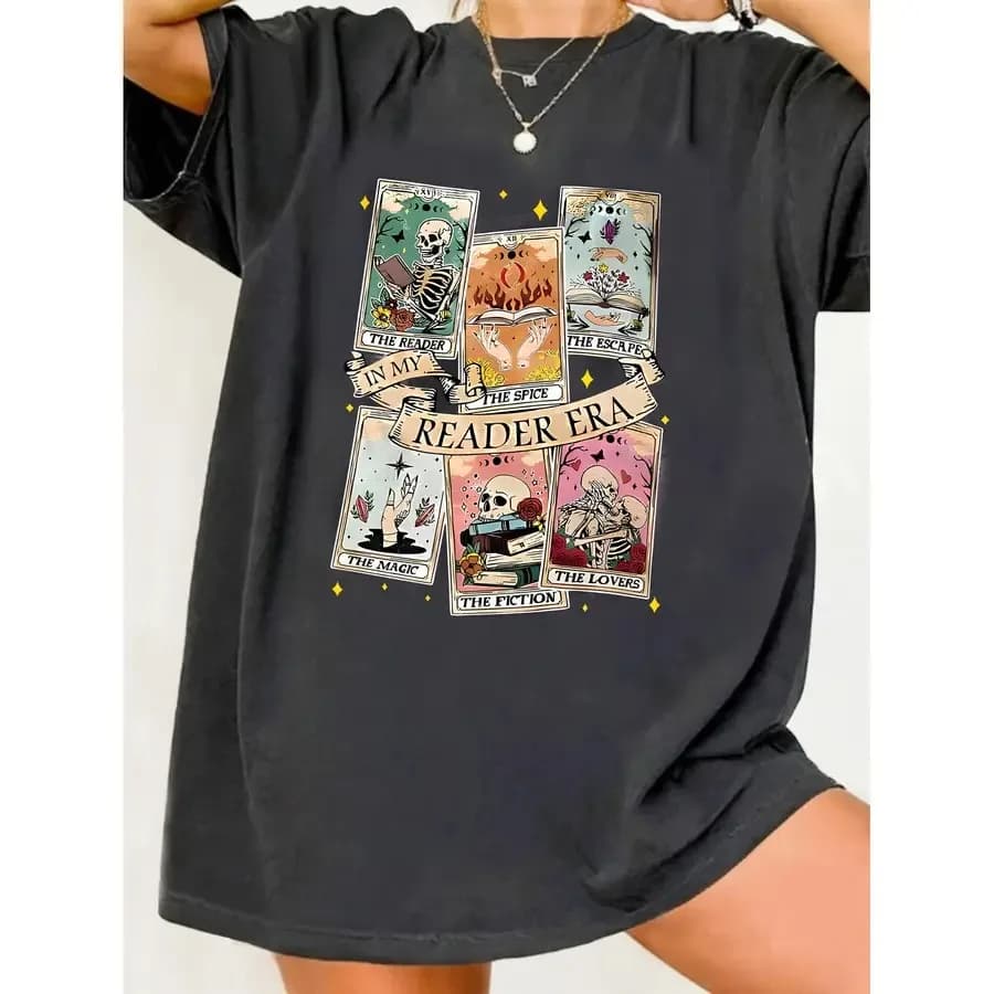 【Nuovo stile】T-shirt da donna con stampa di carte dei Tarocchi - Top elasticizzato in poliestere-spandex con scollo rotondo e maniche corte con motivi geometrici a tema Tarocchi