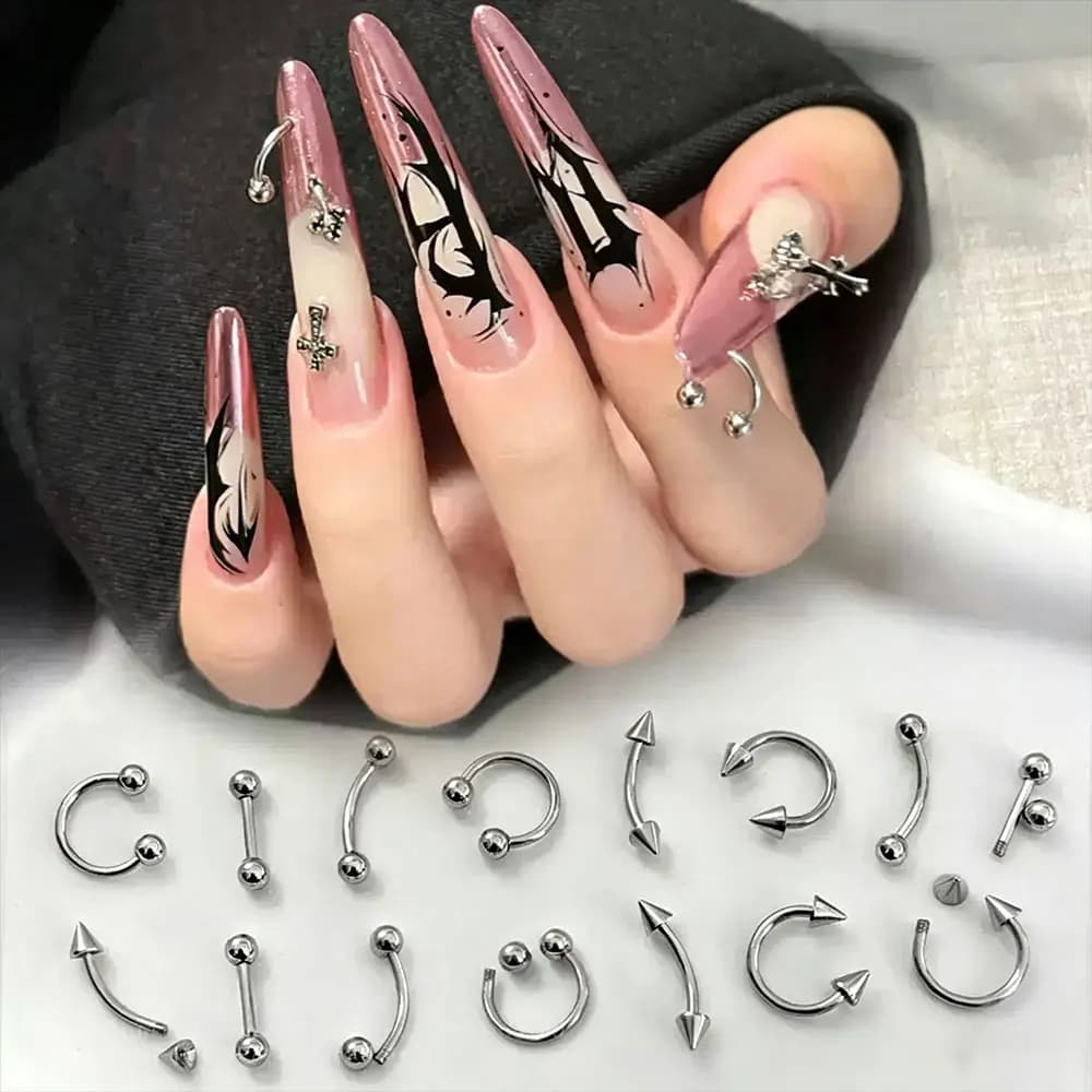 10Pcs Removable Detachable Nail Piercing Rivets Charms Punk Metal Spike Arrow C Nail Rings Gothic Y2K DIY Manicure Accessories