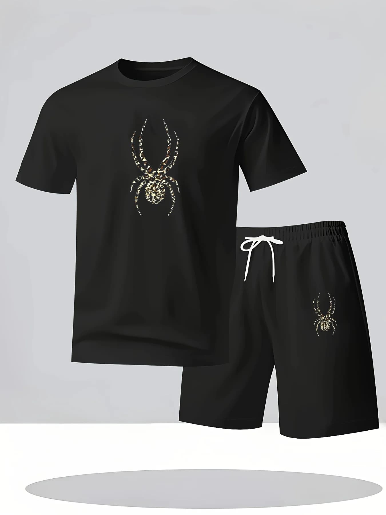 Spider Men's 2-piece Letter-Printed Short-Sleeved T-Shirt and Drawstring Shorts for Sporty and Casual Wear