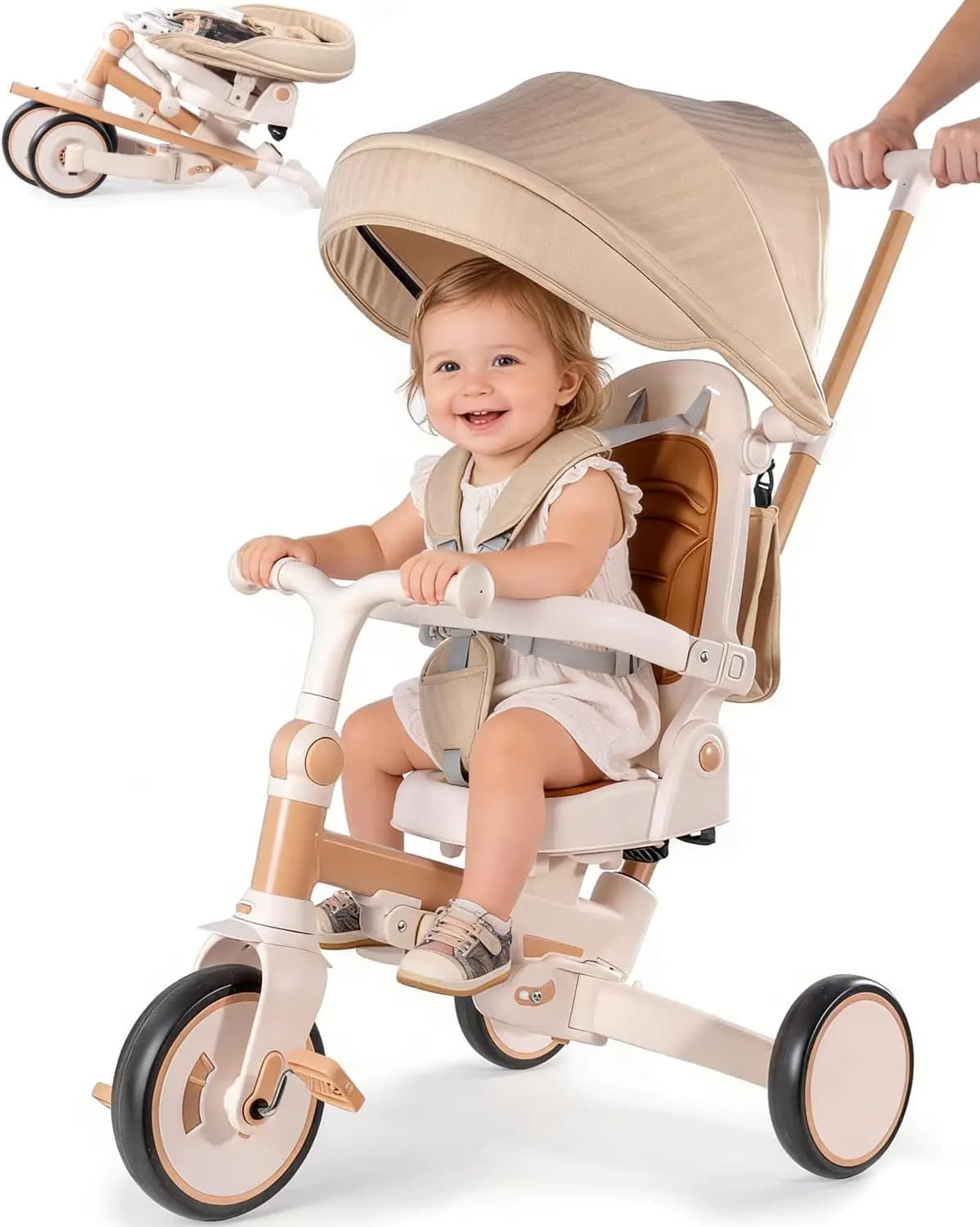 Passeggino Triciclo Pieghevole 7-in-1 con Maniglia di Guida, Regalo per Bambini da 12 Mesi a 6 Anni